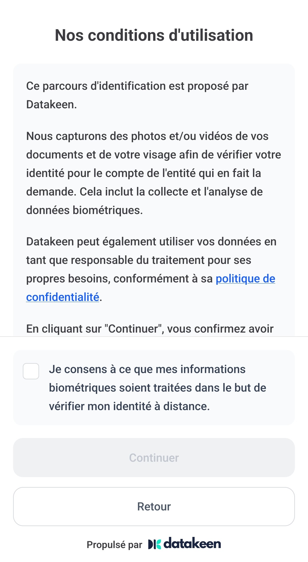 Écran mobile des conditions d'utilisation, case de consentement non cochée