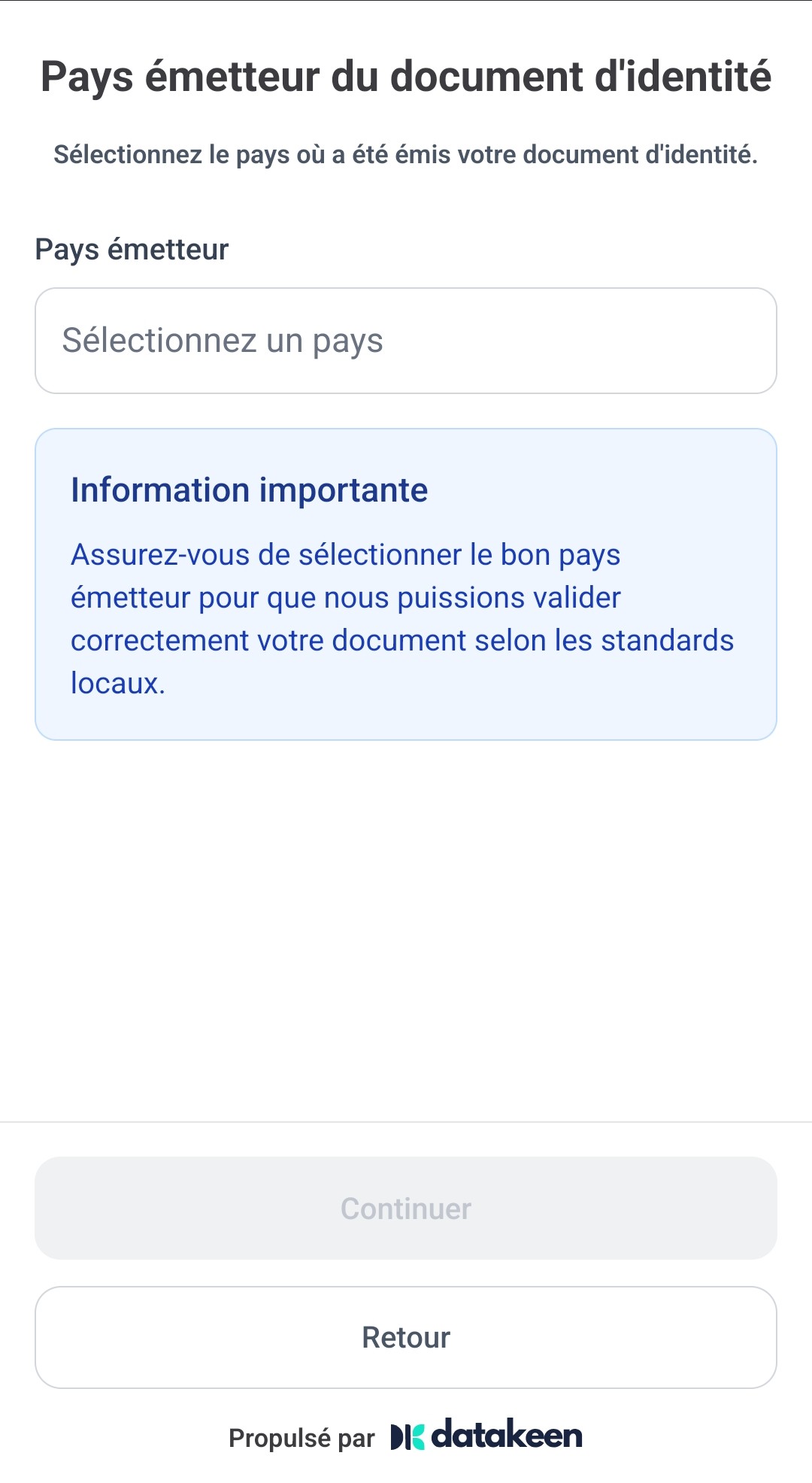 Écran mobile Pays émetteur du document, aucun pays sélectionné