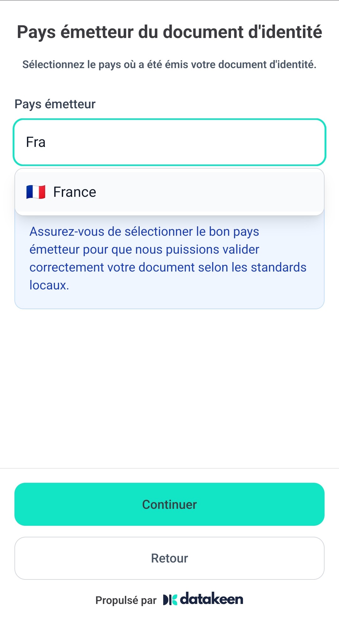Écran mobile Pays émetteur : saisie « Fra » proposant France