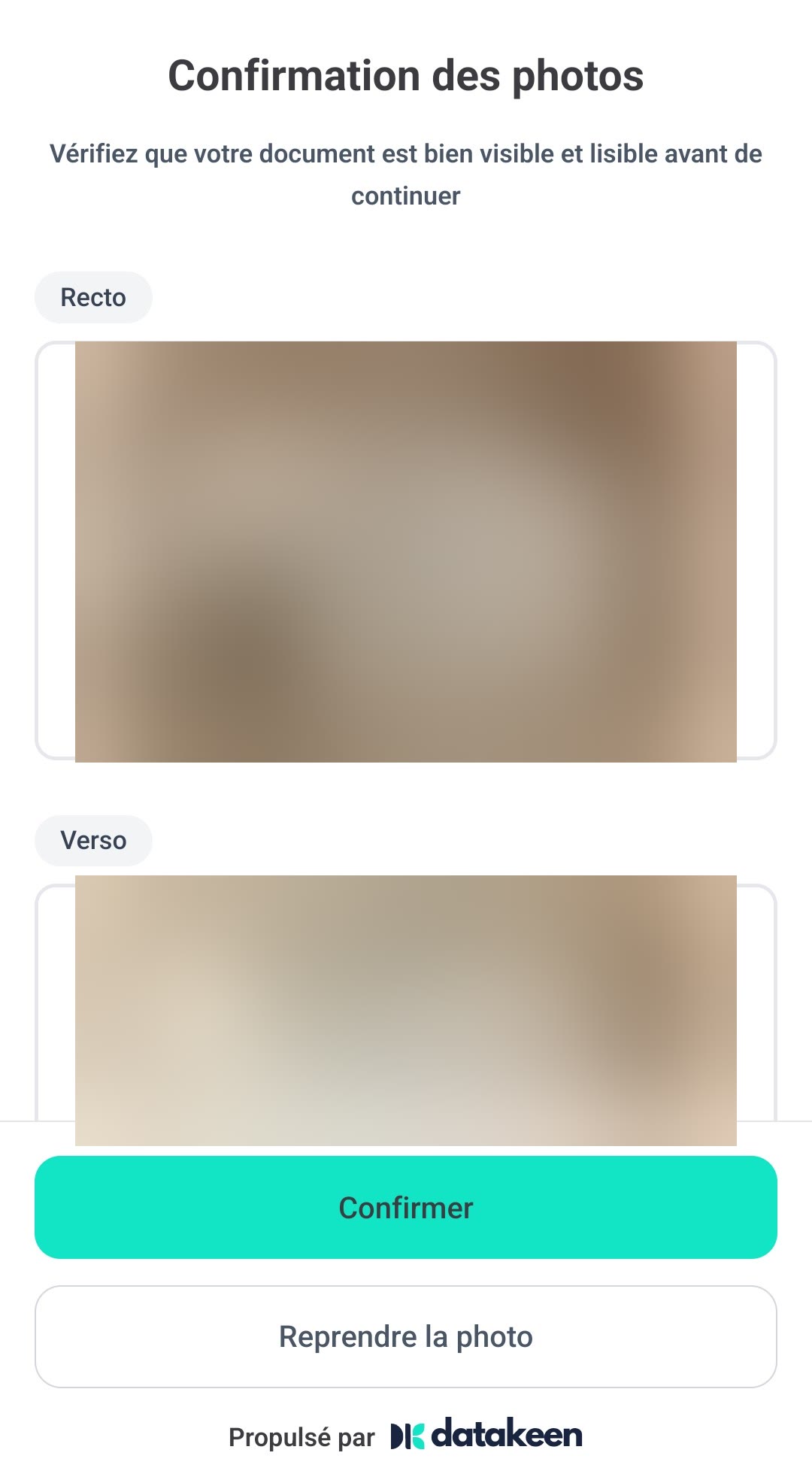 Écran mobile « Confirmation des photos » montrant le recto et le verso (floutés), boutons Confirmer et Reprendre la photo