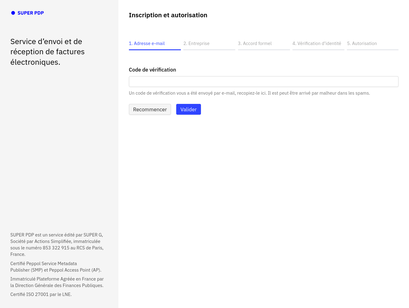 Onglet Adresse e-mail : champ Code de vérification vide, à recopier depuis l'e-mail reçu