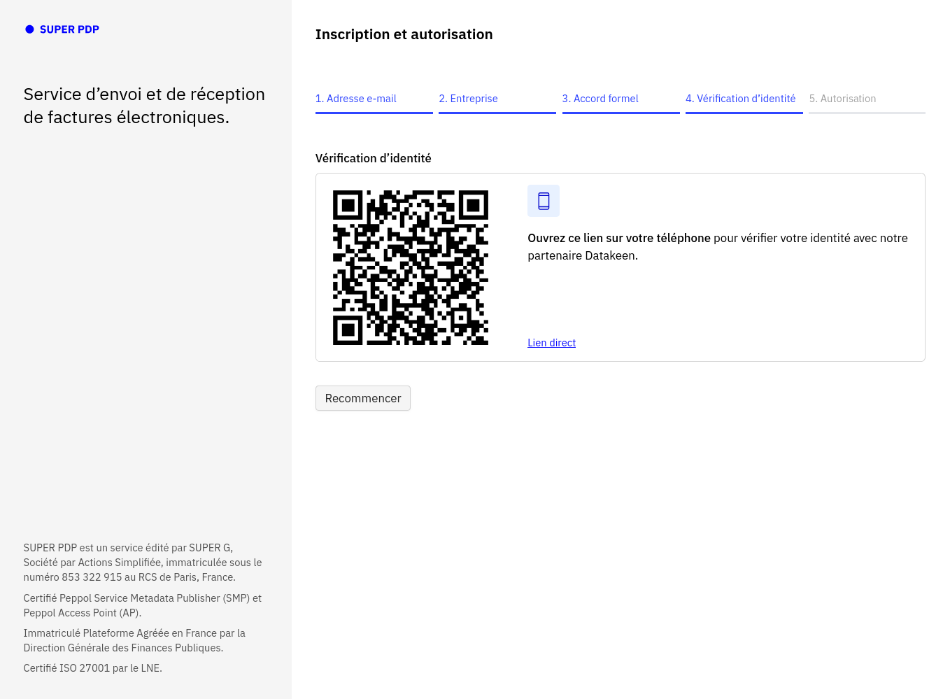Onglet Vérification d'identité de SuperPDP affichant un QR code à scanner avec son téléphone et un lien direct