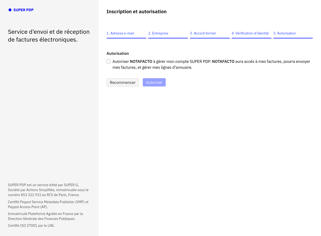 Onglet Autorisation de SuperPDP : case « Autoriser notafacto à gérer mon compte » non cochée et bouton Autoriser inactif